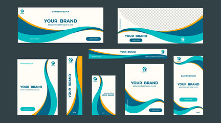 Set of universal web banner templates with abstract waves in blue and yellow colors. For advertising, covers, presentations, business cards and more. Just add your image and text.	