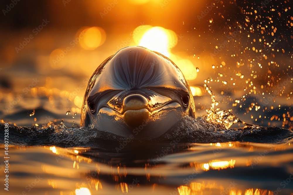 Poster dolphin swims joyfully in shimmering water at sunset, creating splashes and ripples under golden lig