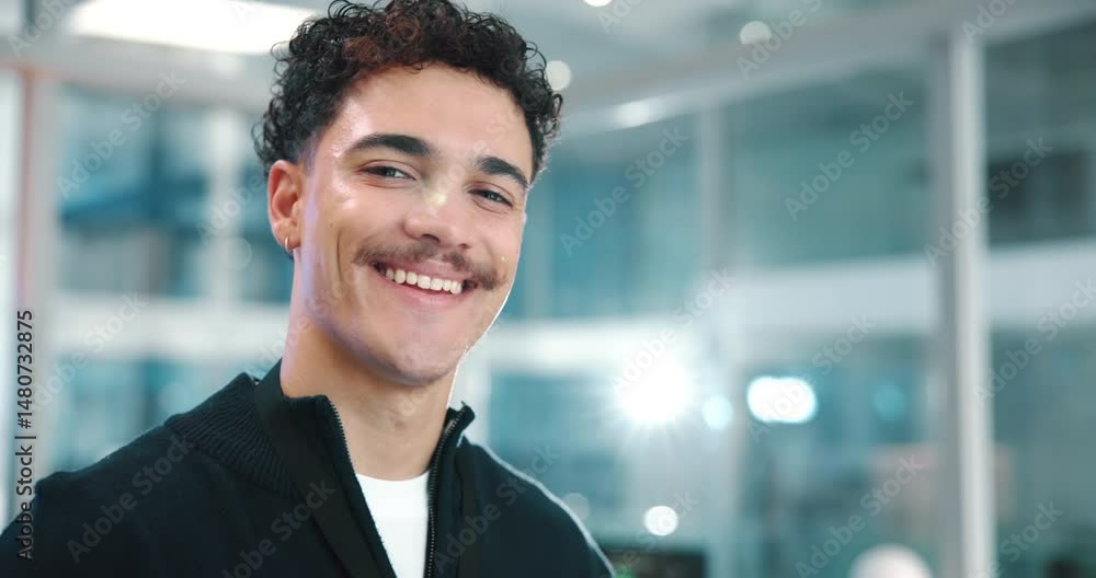 Poster Confident, man and face of developer on laptop for research, programming and software update. Smile, designer and information for web development, application and troubleshooting of system server
