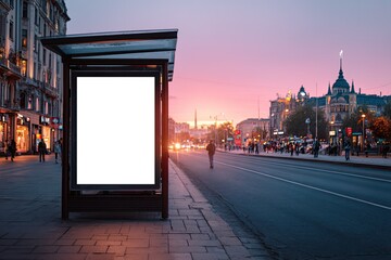 Empty advertising billboard at dusk on a city street