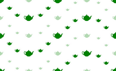 Seamless pattern of large and small green teapot for tea symbols. The elements are arranged in a wavy. Illustration on light green background