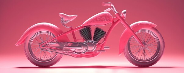 A vibrant pink motorcycle, classic design, detailed engine, chrome accents,  against a matching background