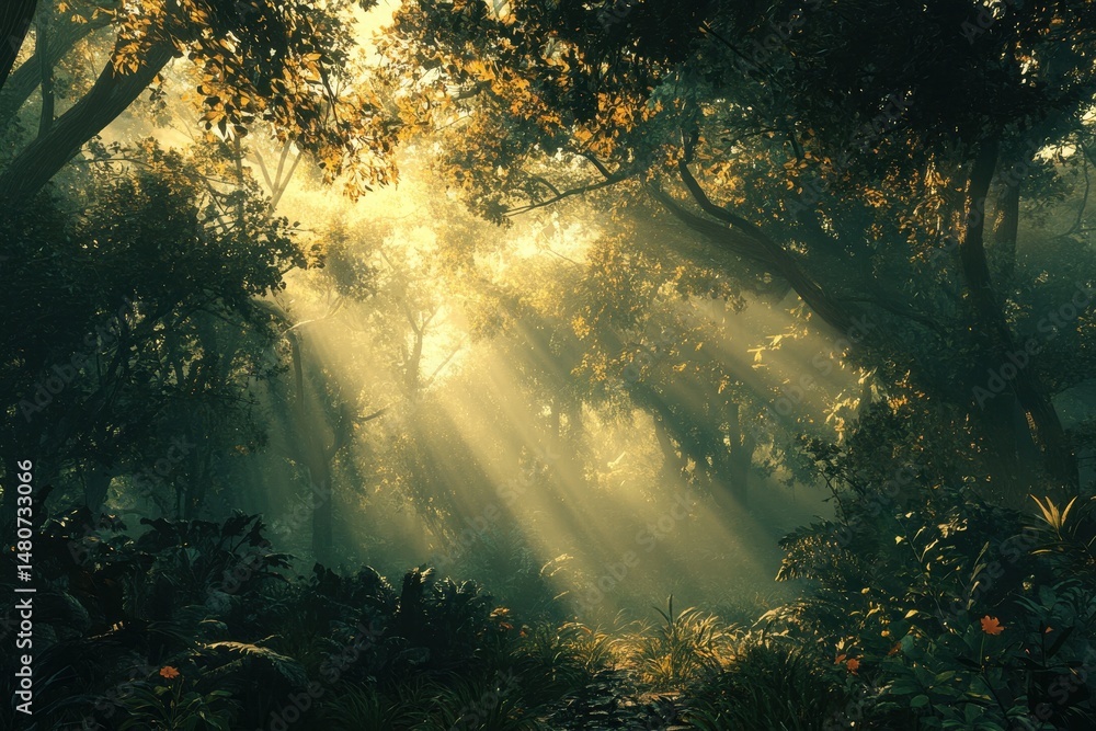 Aufkleber Sunlight filters through leaves in a tranquil forest during early morning hours creating a serene atmosphere
