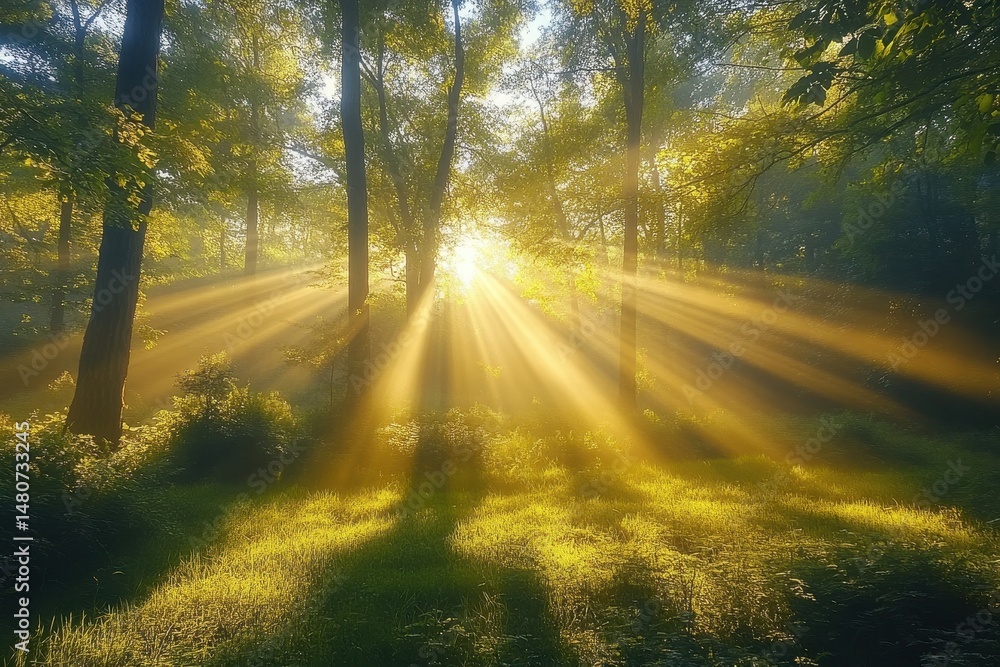 Aufkleber Sunlight filters through leaves in a tranquil forest during early morning hours creating a serene atmosphere