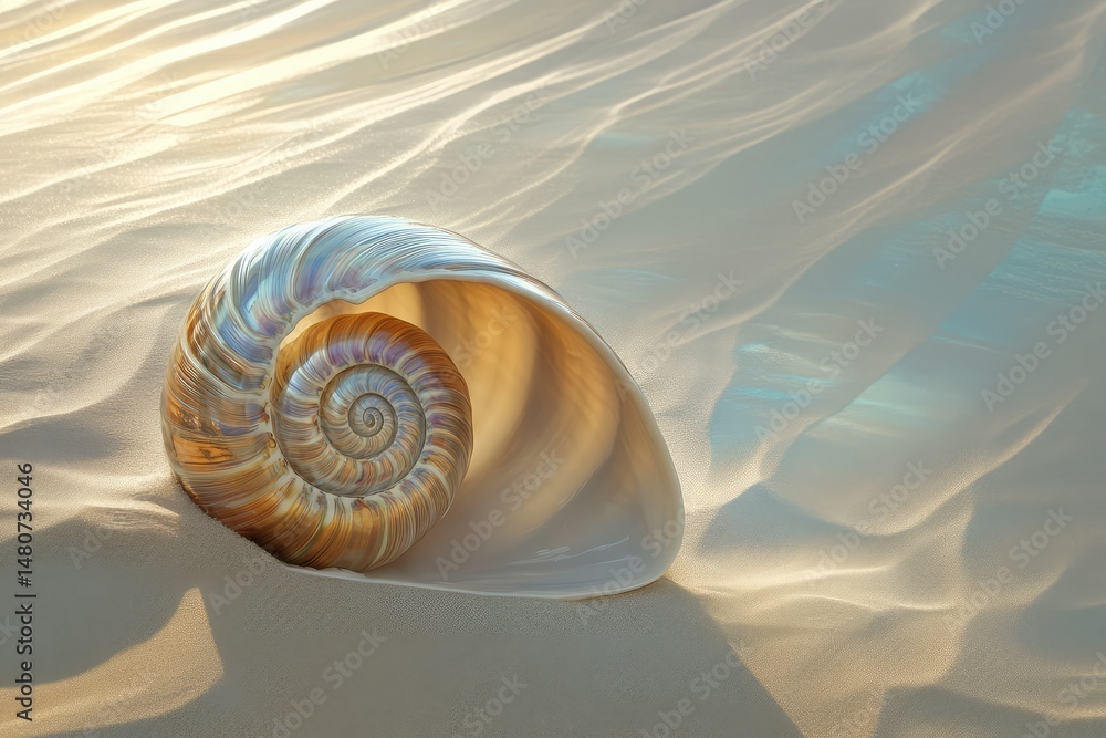 Poster iridescent seashell resting on soft sand, glowing with subtle light and exhibiting intricate spiral 