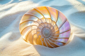 Golden nautilus shell on sun-kissed sand, showcasing its iridescent beauty and intricate spiral pattern on a pristine beach.