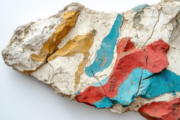 Fototapeta premium A close-up of a cracked piece of white material with vibrant strokes of yellow, blue, and red paint across its surface.