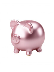 Fototapeta premium A metallic pink piggy bank with a coin slot stands on a white background, symbolizing savings, financial planning, and the accumulation of wealth and money.