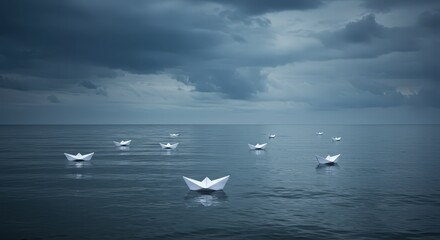 White paper boats float on calm water surface under dark overcast sky. Metaphor for journey, discovery, or overcoming challenge. Abstract background or header image.