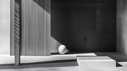 Modern interior design, minimalist display,  with striking light and shadow.