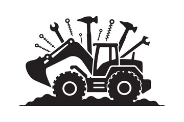 Construction Tractor Silhouette with Tools Heavy Equipment Vector Art