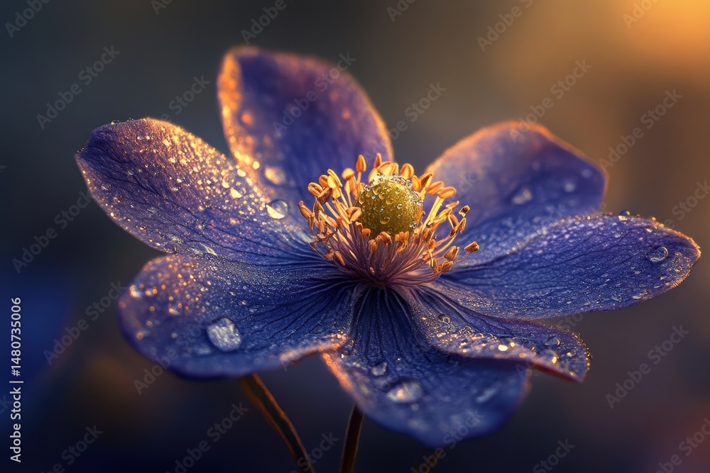 Aufkleber Purple rose with dew drops glistening in soft morning light creates a serene and captivating atmosphere in a garden setting