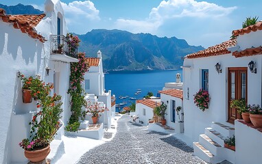 Scenic Mediterranean street with charming flower decorations high resolution photo