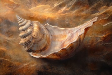 A large conch shell exhibits intricate curves and patterns, contrasted against a textured, golden-brown and sandy backdrop.