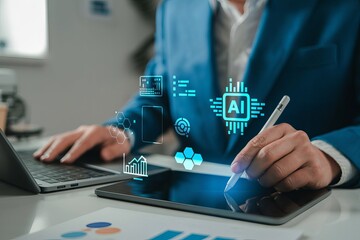 A businessman using a laptop and pen with an AI icon on a virtual screen for digital marketing and data analysis technology concept in an office background. The man is working online, using artificial