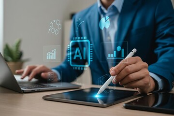 A businessman using a laptop and pen with an AI icon on a virtual screen for digital marketing and data analysis technology concept in an office background. The man is working online, using artificial