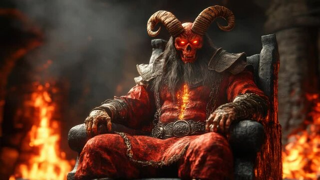Fiery demon king seated on a throne in a fiery landscape.  Red robes, horned skull-like face, glowing red eyes, and fiery surroundings