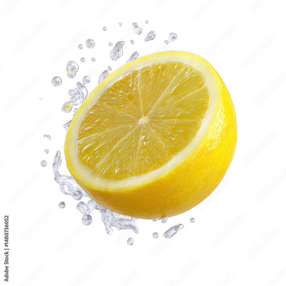 Poster a vibrant half lemon slice is beautifully isolated on a clean white backdrop with glistening water d