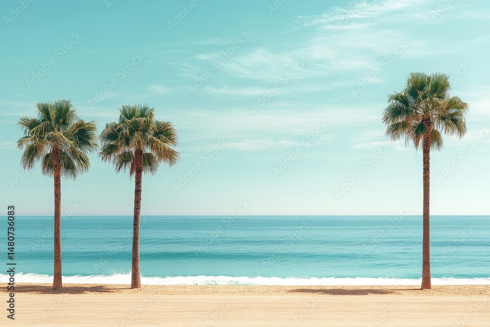 Poster five palm trees lined along the shoreline under a clear sky with calm ocean waves lapping at the san
