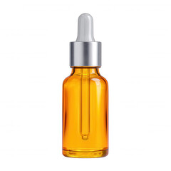 An amber glass dropper bottle with a silver cap sits upright on a white background, ready for essential oils, serums, or other cosmetic liquid products.