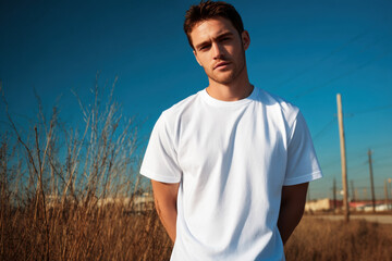Confident Man in White T-Shirt Standing Outdoors Under Blue Sky