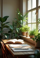 Fototapeta premium calm therapy workspace journals houseplants serene environment nature relaxation tranquility mindfulness peaceful atmosphere focused space, home, interior, light
