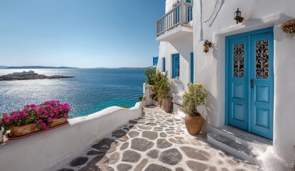 Fototapeta premium Coastal walkway with whitewashed buildings and blue doors