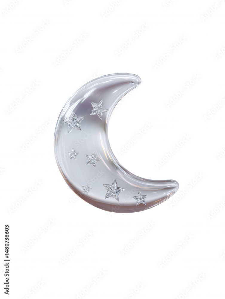 Poster a transparent crescent moon with embedded stars shines against a crisp white background, creating a 