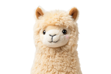 PNG Adorable fluffy alpaca plush toy with cute expression and soft beige fur