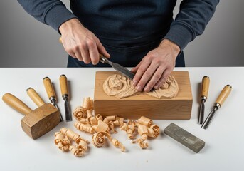 Man carver carving floral design in wood blank with chisel and mallet on white desk backdrop with wood shaving and sharpen stone for woodworking master class banner.