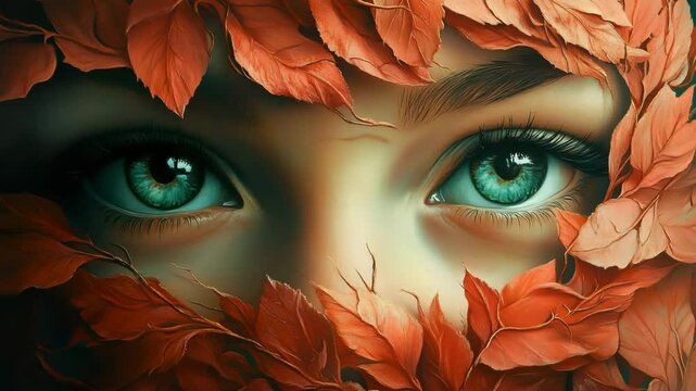 A woman ' s face surrounded by leaves