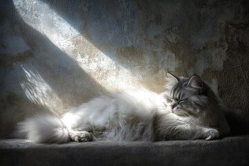 Fluffy, gray and white cat sleeps peacefully in a sunbeam on a textured, dark surface.