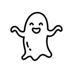Minimalist black outline vector icon of a cute ghost, symbolizing Halloween, fun spookiness, and festive spirit in a clean and playful design.