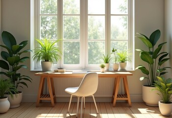 calming workspace natural elements green plants serenity tranquility organization productivity minimalism, nature, desk, leaf, soil, wood, pot, light, air