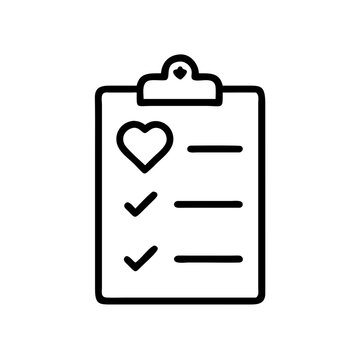 &Iacute;cone vetorial minimalista com contorno preto de uma prancheta com marca&ccedil;&otilde;es e um cora&ccedil;&atilde;o, simbolizando sa&uacute;de mental, autocuidado e acompanhamento do bem-estar em um design limpo e atencioso.