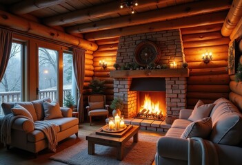 cozy cabin interior winter decor warm fireplace rustic charm comfy furniture textures soft lighting inviting atmosphere, blanket, cushion, wood, holiday