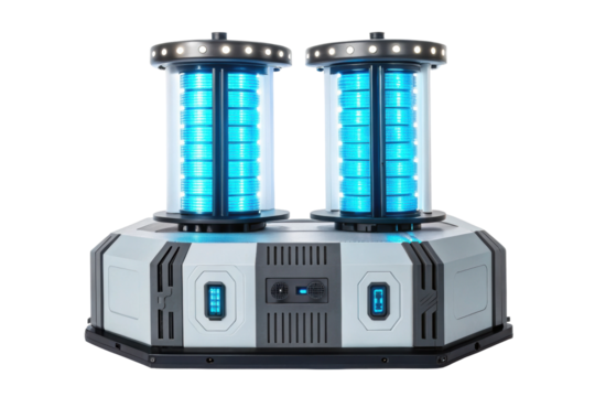 PNG Futuristic energy generator with dual blue light cylinders