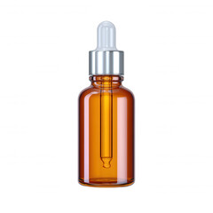 Isolated amber glass bottle with silver cap and glass dropper, perfect for showcasing skincare oil or serum products, presented on a clean white background.