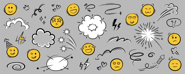 Comic doodle emoji set vector icon. Effect motion line element set. Fireworks, lightning, stars, heart. Hand drawn sketch doodle action effect. 