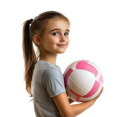 Girl holding pink soccer ball on transparent background