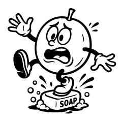 Monochrome vector illustration of a cartoon character slipping on a bar of soap, ideal for themes of hygiene, accidents, or humor.