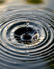 macro of rippling water droplet impact creating concentric rings on pond surface