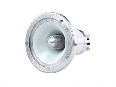 A shiny metal loudspeaker with a white interior and a grey mesh center is isolated on a white background, ready to amplify sound with precision and clarity.