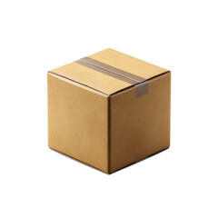A small, sealed brown cardboard box sits on a white background, secured with clear packing tape and ready for shipping or storage of items inside its form.
