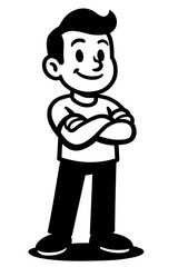 Fototapeta premium Retro Cartoon Boy with Confident Pose - Black and White Illustration for Vintage or Character Design Concepts