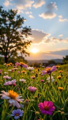 Obraz premium sun drenched meadow of wildflowers swaying gently beneath a pastel sunrise sky with dew kissed petals