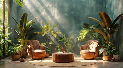 Sophisticated tropical decor golden vases display high resolution photo