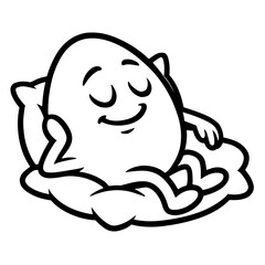 Peaceful Black and White Happy Egg Relaxing on Pillow Clipart - Serene Cartoon Character Illustration for Comfort, Sleep, and Relaxation Themes