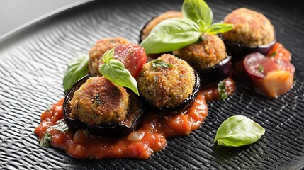 Regular view of Polpette di Melanzane crispy eggplant meatball served marinara sauce basil presented black textured plate Italian vegetarian dish southern Italy cut out isolated transparent background