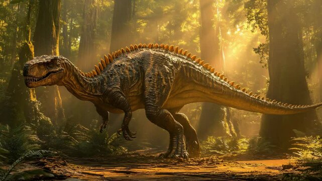 A dinosaur walking through a forest filled with trees